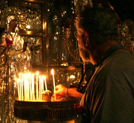 17 Joe lights a candle, Church of the Holy Sepulcre, Jerusalem