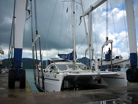 Pacific Bliss being lifted up at WaveMaster